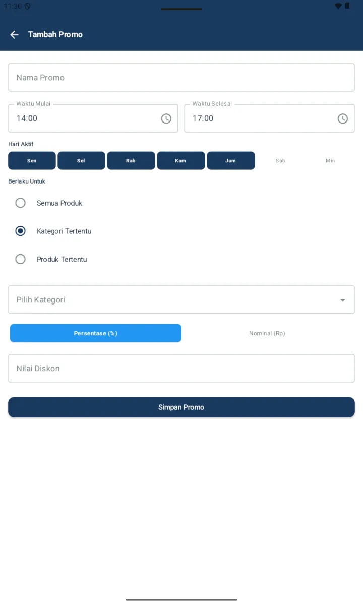 Form mode Kategori Tertentu dengan dropdown Pilih Kategori muncul di bawah radio button