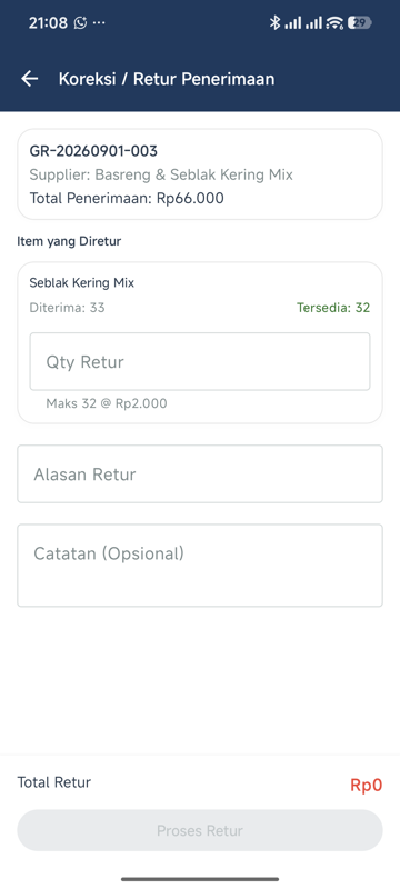 Form Koreksi / Retur Penerimaan — nomor penerimaan, item dengan Diterima 33 dan Tersedia 32, kolom Qty Retur dengan keterangan Maks 32 at Rp2.000, Alasan Retur, Catatan Opsional, Total Retur dan tombol Proses Retur