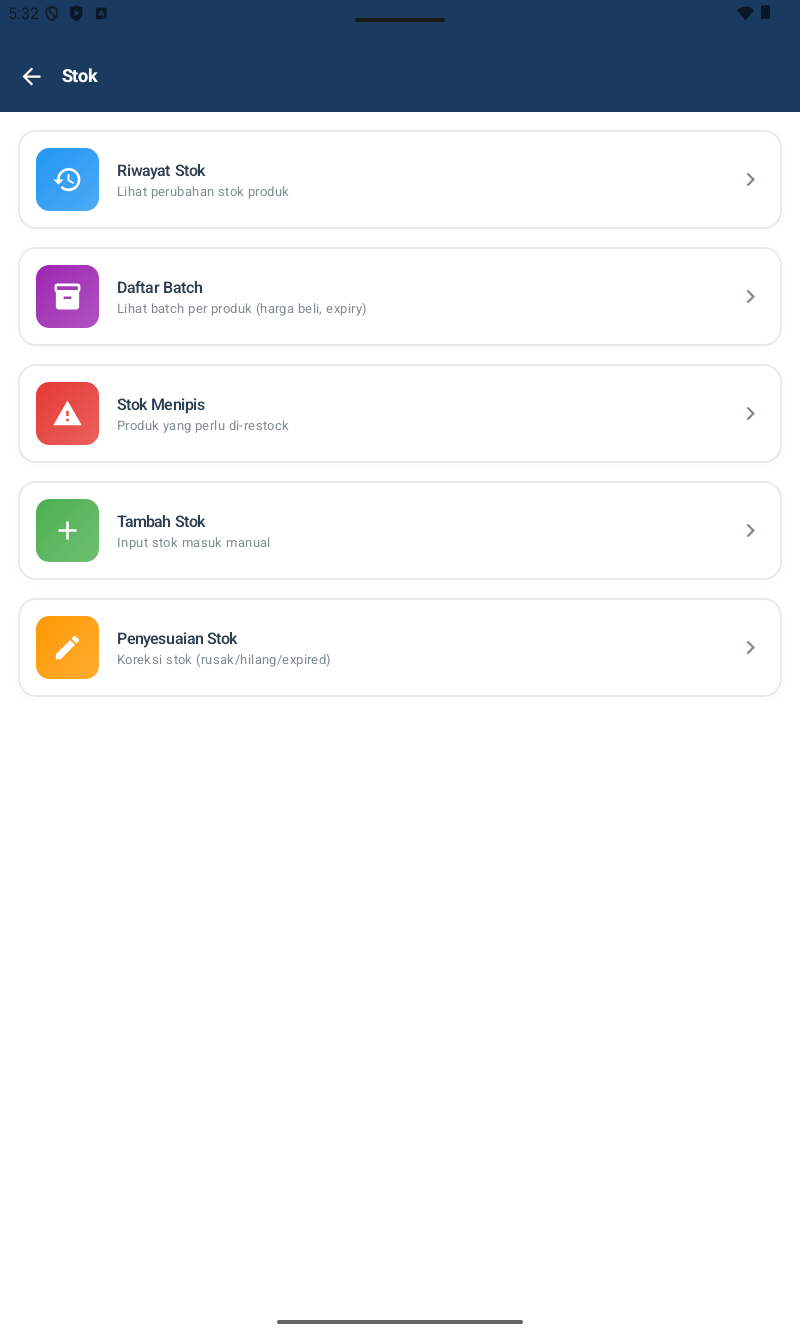 Halaman Stok โ list menu dengan stok saat ini, badge warning stok rendah, tombol Tambah Stok per item