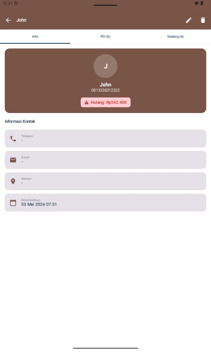 Tab Info supplier menampilkan avatar, nama John, nomor telepon, badge merah Hutang Rp542.400, card Informasi Kontak (Telepon/Email/Alamat), tanggal Ditambahkan