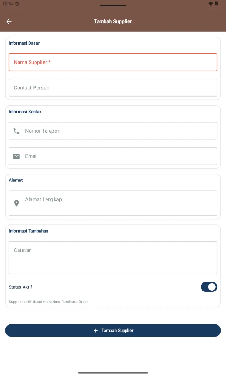Form Tambah Supplier dengan section Informasi Dasar (Nama Supplier required, Contact Person), Informasi Kontak (Nomor Telepon, Email), Alamat (Alamat Lengkap), Informasi Tambahan (Catatan, toggle Status Aktif default ON)