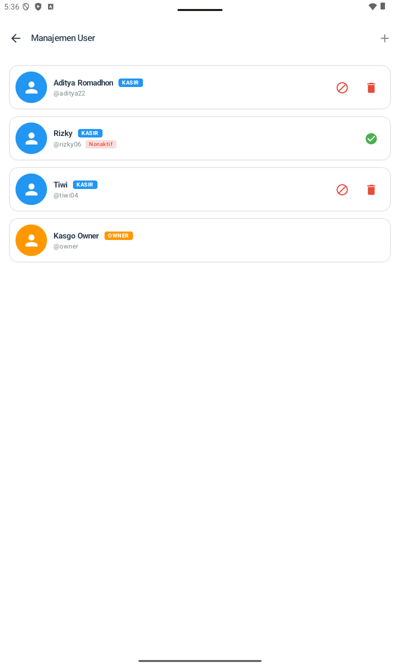 Halaman Manajemen User FnB โ header navy, (+) di kanan atas. List user contoh: 'Kasir Pagi' badge KASIR (biru, @kasirpagi) dengan ikon block + delete, dan 'Ferdiansyah' badge OWNER (oranye, @owner) tanpa ikon aksi