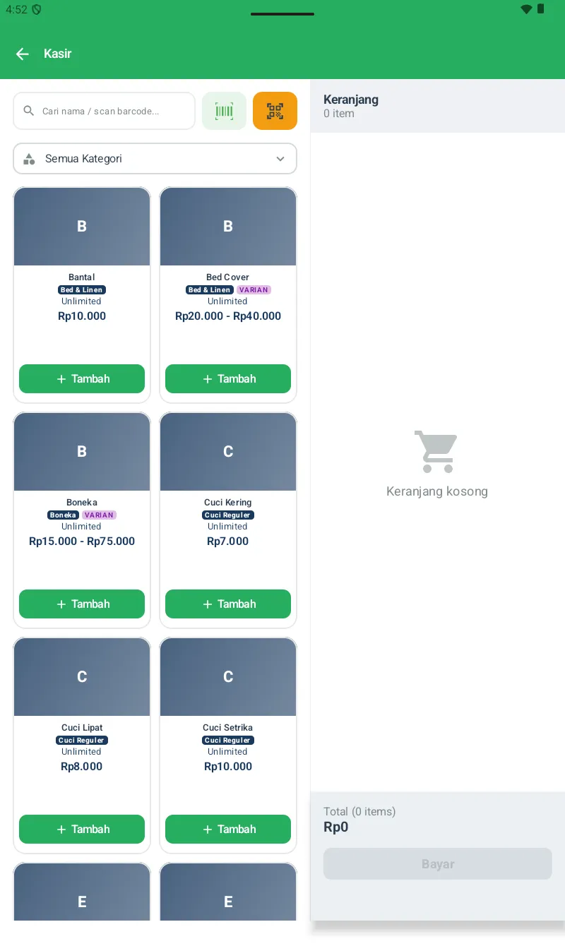 Layar Kasir Laundry dengan grid layanan (Bantal Rp10k/Bed&Linen, Bed Cover Rp20-40k VARIAN, Boneka VARIAN, Cuci Kering Rp7k/Cuci Reguler, Cuci Lipat, Cuci Setrika), panel Keranjang kosong, total Rp0