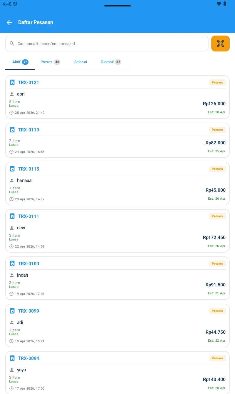 Daftar Pesanan dengan tabs Aktif 46/Proses 46/Selesai/Diambil 88, search bar, list pesanan TRX-0121 apri 5 item Lunas Rp126.000 Est 28 Apr, dst