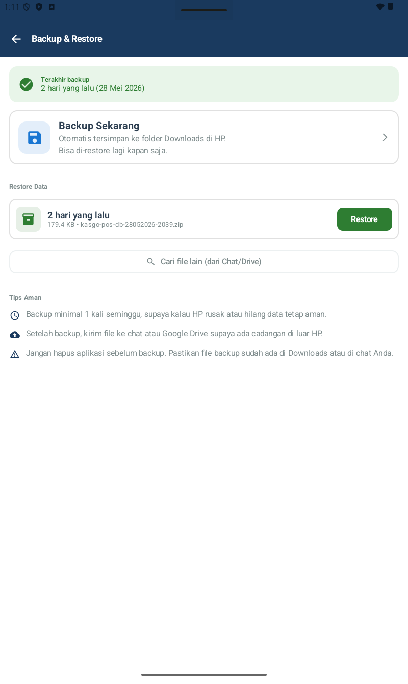 Halaman Backup & Restore POS โ banner hijau 'Terakhir backup 2 hari yang lalu (28 Mei 2026)', card Backup Sekarang (Otomatis tersimpan ke folder Downloads di HP. Bisa di-restore lagi kapan saja). Section Restore Data dengan 1 file: '2 hari yang lalu, 179.4 KB โข kasgo-pos-db-28052026-2039.zip' dengan tombol Restore hijau. Tombol 'Cari file lain (dari Chat/Drive)'. Section Tips Aman dengan 3 tips.