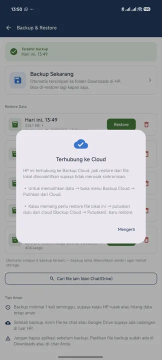 Dialog Terhubung ke Cloud yang menjelaskan bahwa restore dari file lokal dinonaktifkan, dengan dua saran: pulihkan lewat Backup Cloud, atau putuskan dulu dari cloud