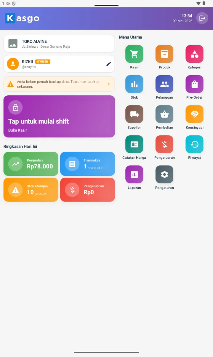 Dashboard saat shift belum dibuka โ card ungu 'Tap untuk mulai shift' dan 4 card ringkasan