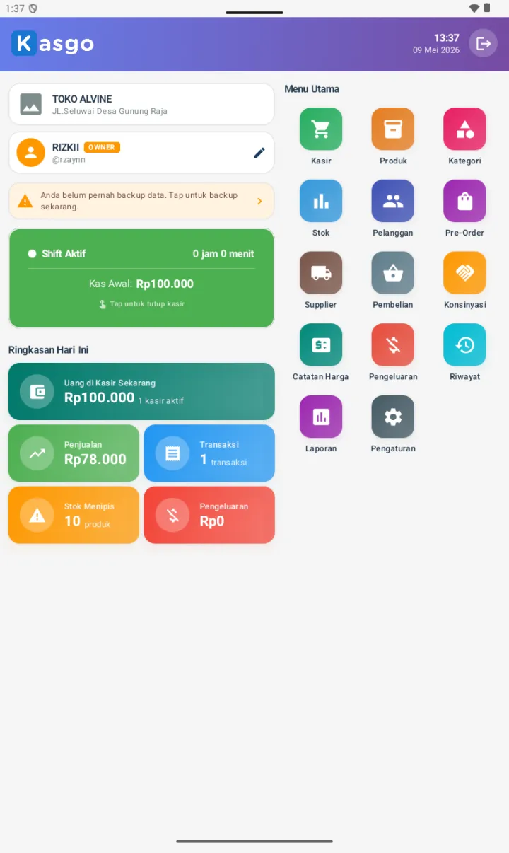 Dashboard saat shift aktif โ card hijau Shift Aktif dan card Uang di Kasir Sekarang muncul