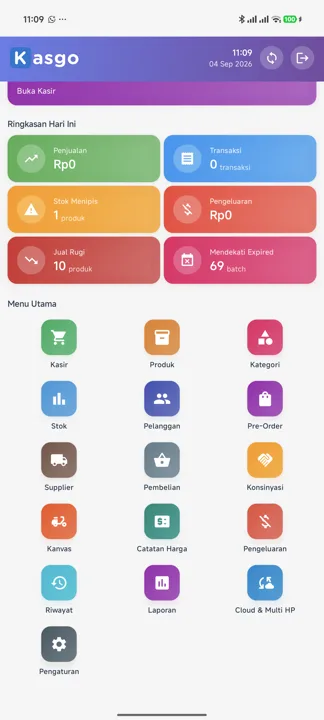 Halaman home dengan Ringkasan Hari Ini berisi enam kartu termasuk Jual Rugi, dan Menu Utama di bawahnya
