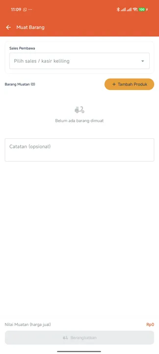 Halaman Muat Barang dengan dropdown Sales Pembawa, tombol Tambah Produk, kolom Catatan opsional, dan footer Nilai Muatan dengan tombol Berangkatkan