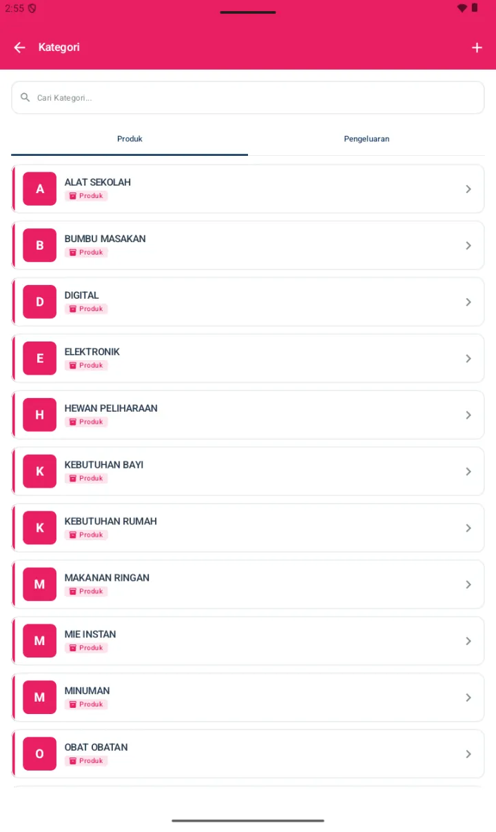 Halaman Kategori dengan tab Produk dan Pengeluaran serta list kategori