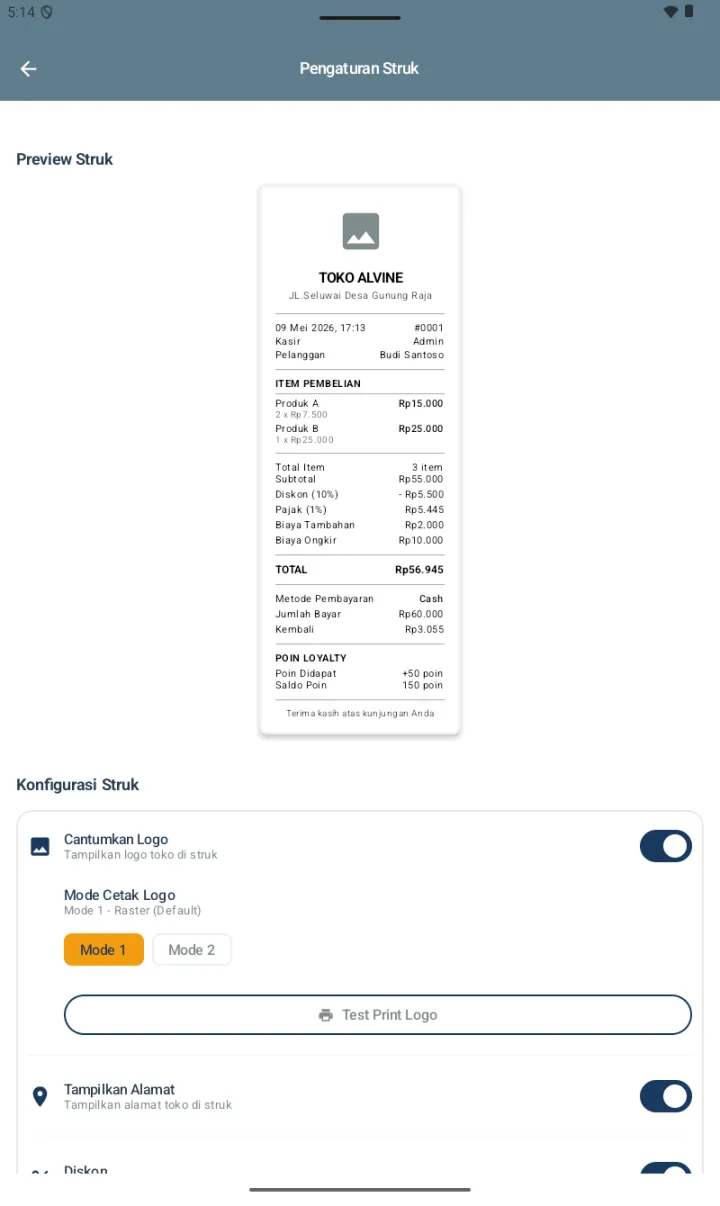 Halaman Pengaturan Struk dengan Preview Struk live menampilkan TOKO ALVINE, item, total, dan section Konfigurasi Struk dengan toggle Cantumkan Logo dan Mode Cetak