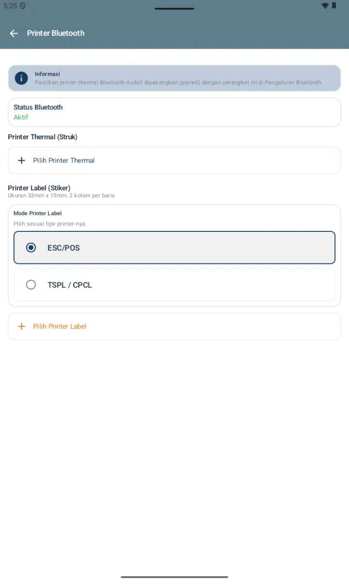 Halaman Printer Bluetooth dengan Status Bluetooth Aktif, section Printer Thermal (Struk), dan Printer Label (Stiker) dengan mode ESC/POS dan TSPL/CPCL