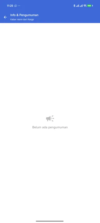 Halaman Info & Pengumuman dengan keadaan kosong bertuliskan Belum ada pengumuman