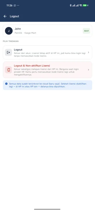 Halaman Logout dengan kartu identitas pengguna dan dua pilihan tindakan: Logout, serta Logout dan Non-aktifkan Lisensi