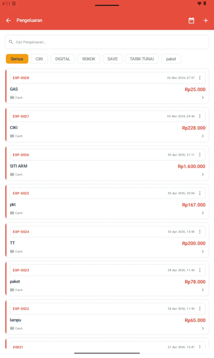 Halaman Pengeluaran dengan chip kategori, list pengeluaran dengan kode EXP, tanggal, nama, dan jumlah