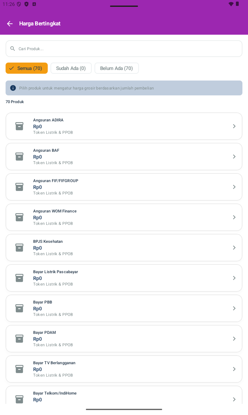 Halaman Harga Bertingkat dengan filter Semua/Sudah Ada/Belum Ada dan list produk dengan badge Varian/Multi