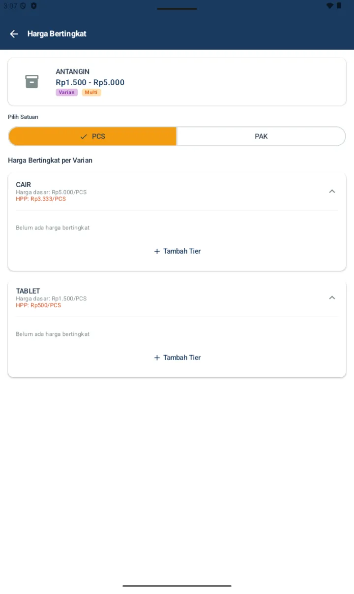 Halaman Harga Bertingkat per produk Antangin dengan Pilih Satuan PCS/PAK, dan tier per Varian (CAIR Rp5.000/PCS HPP Rp3.333, TABLET Rp1.500/PCS HPP Rp500), masing-masing dengan tombol Tambah Tier