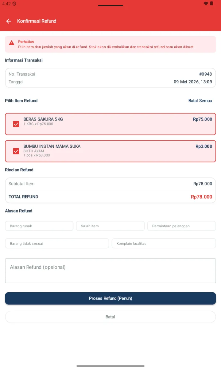 Konfirmasi Refund untuk #0948 dengan Pilih Item (2 item ter-checked), Rincian Refund Total Rp78.000, dan 5 preset Alasan Refund