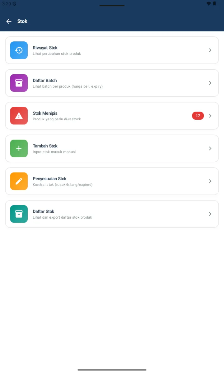 Halaman hub Stok dengan 6 sub-menu