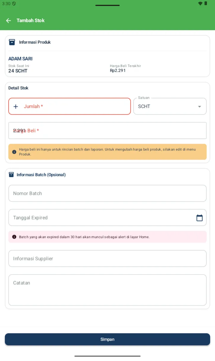 Form Tambah Stok untuk Adam Sari dengan section Informasi Produk, Detail Stok, dan Informasi Batch